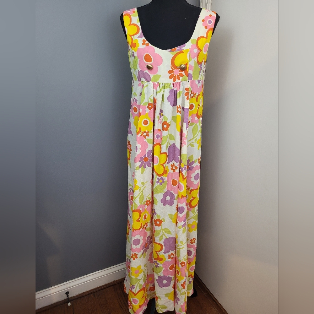 Vtg 60's 70's Boho Hippie Flower Power Handmade Mod Retro Bold Floral Maxi Dress